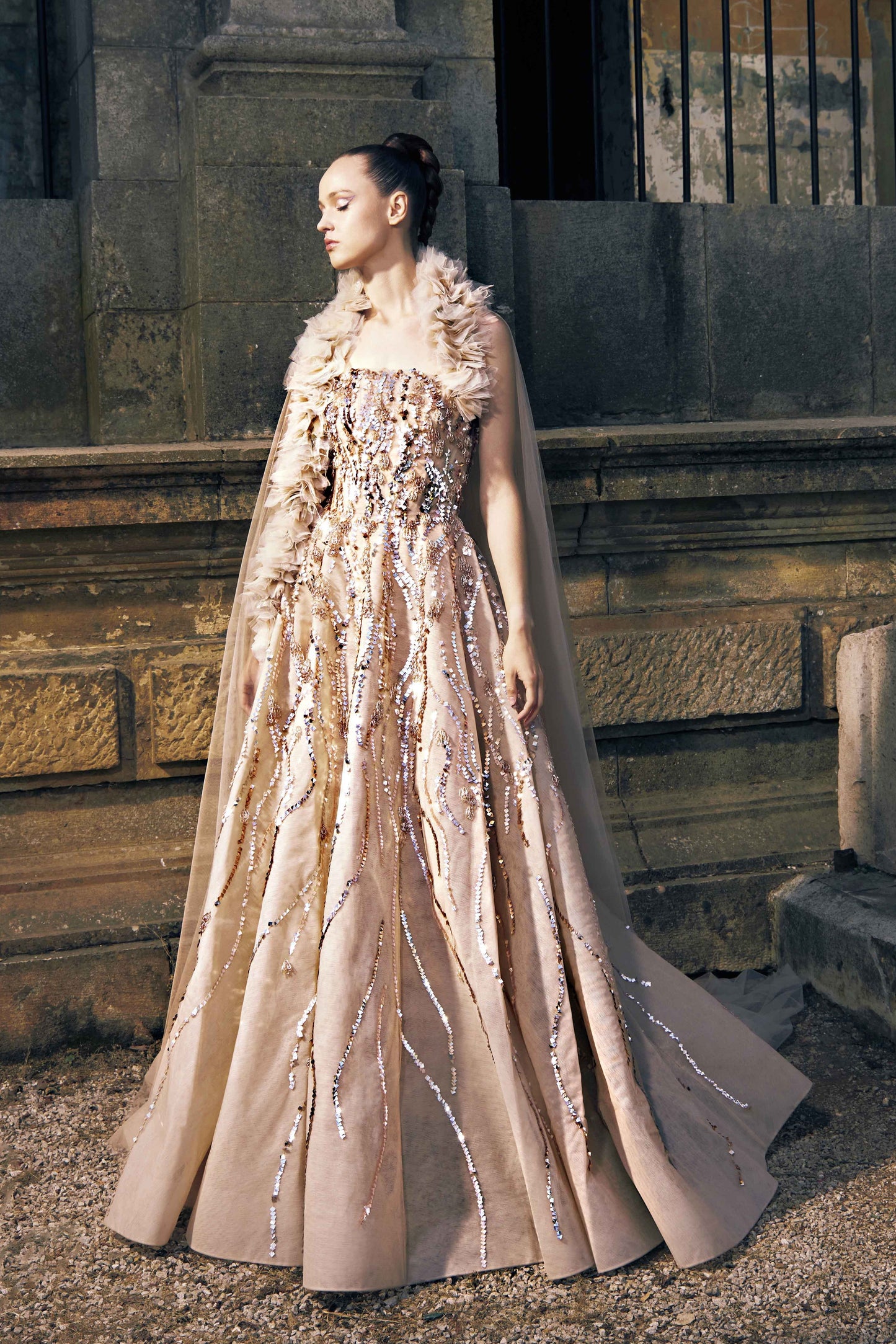 Embroidered Tulle Gown with Cape