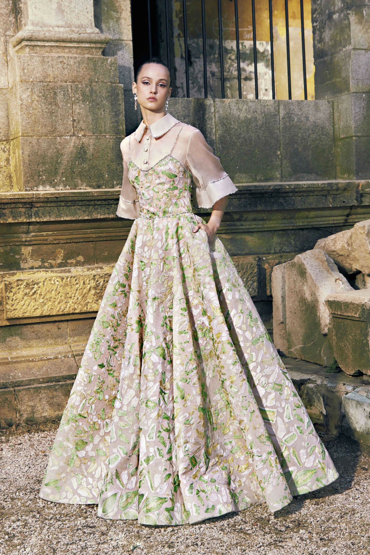 Silk and Lurex Thread Embroidered Tulle Gown