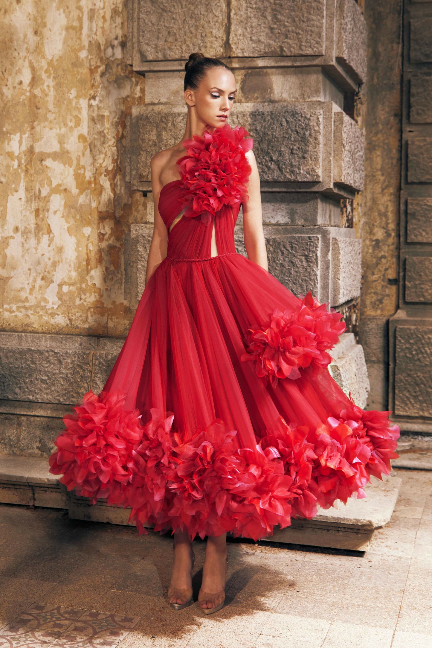 One Shoulder Tulle Midi Dress