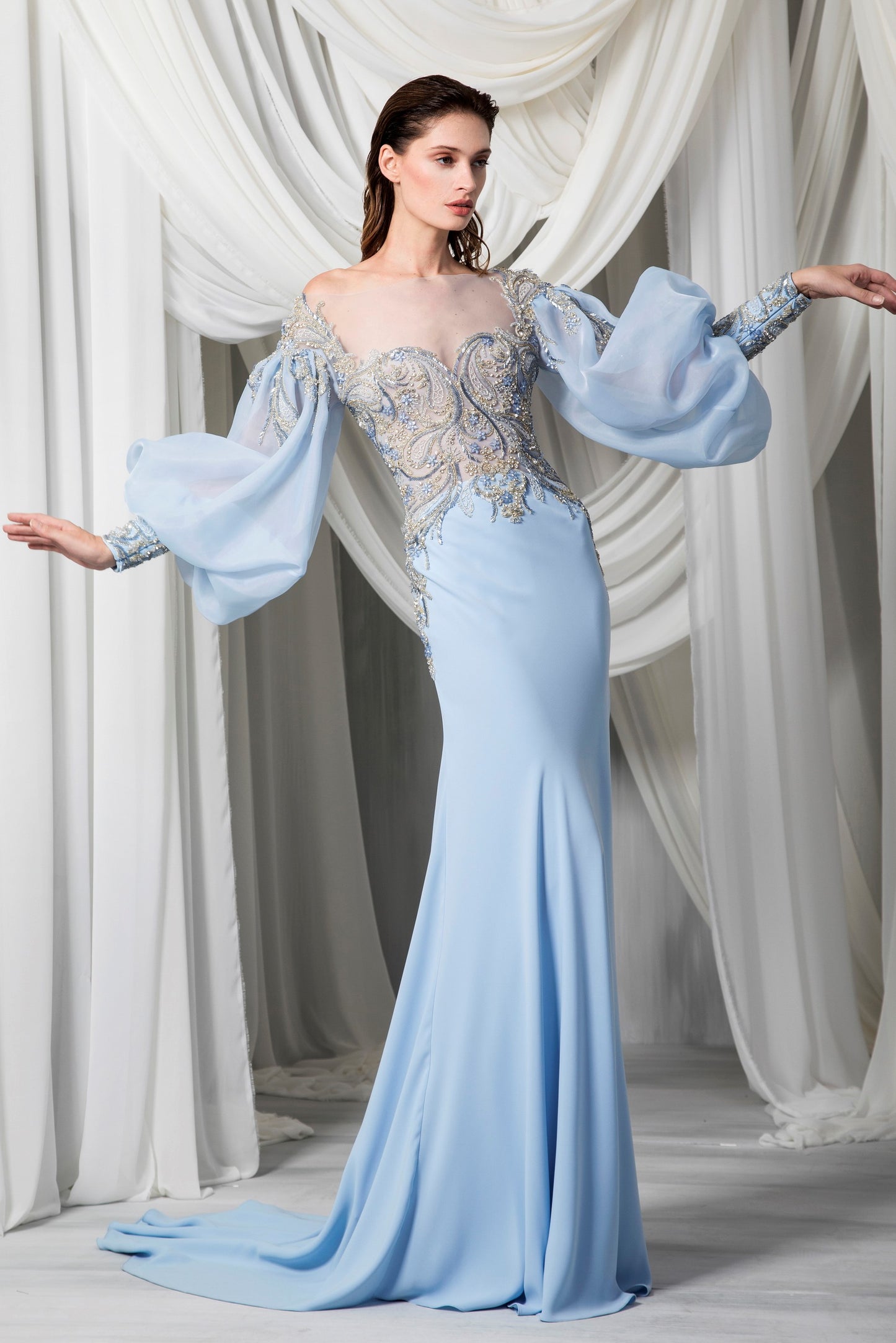 Long Sleeve Fitted Silk Crepe Marocain Gown