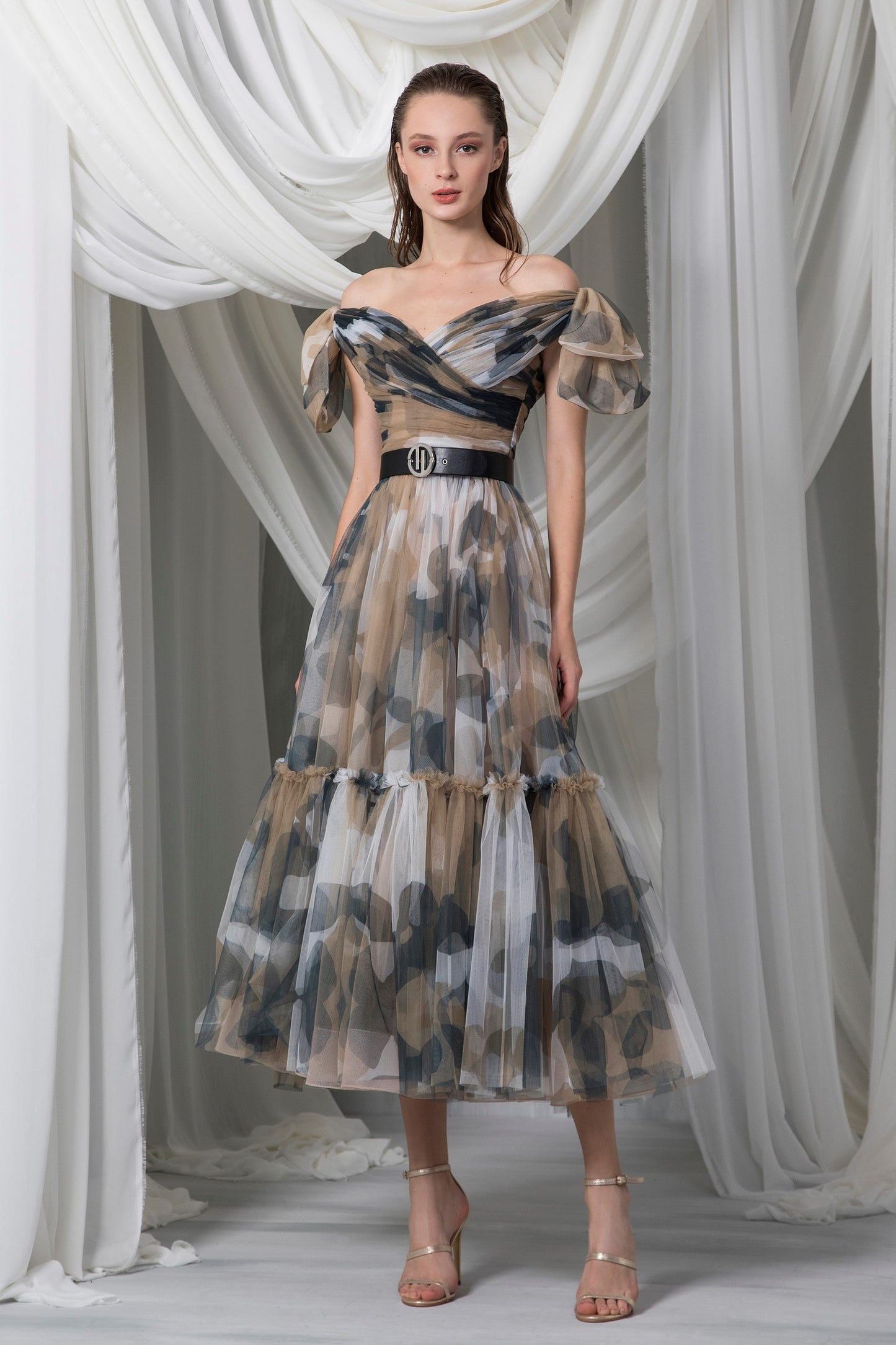 Off Shoulder A-Line Midi Dress