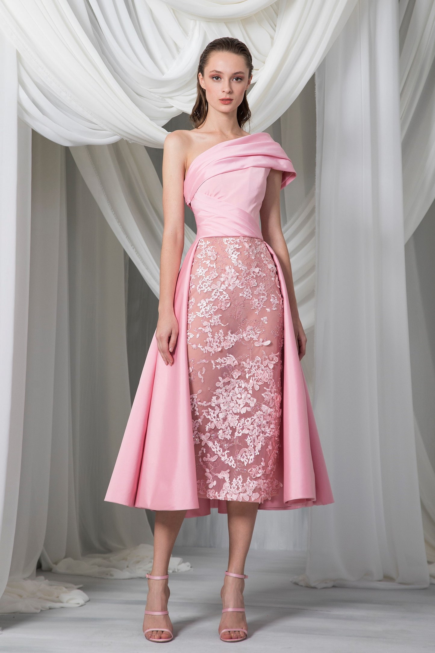 One Shoulder Pleated Taffeta Midi Dress