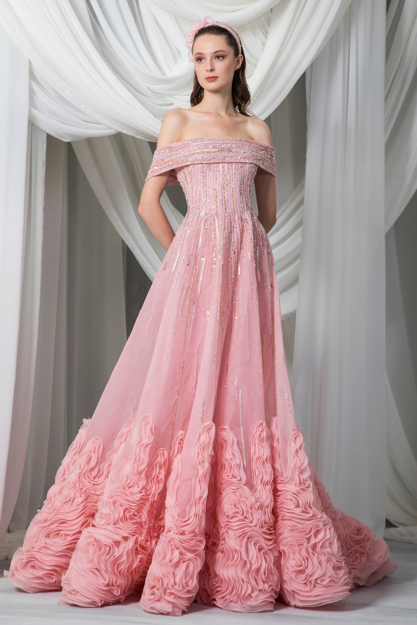 Off Shoulder Sequined and Organza Gown