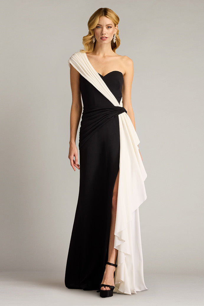 Textured Crepe Gown with Contrast Drape