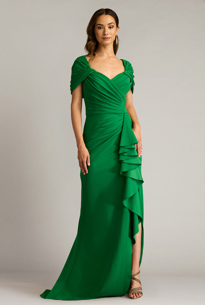 Textured Crepe Draped Gown with Cascading Ruffle