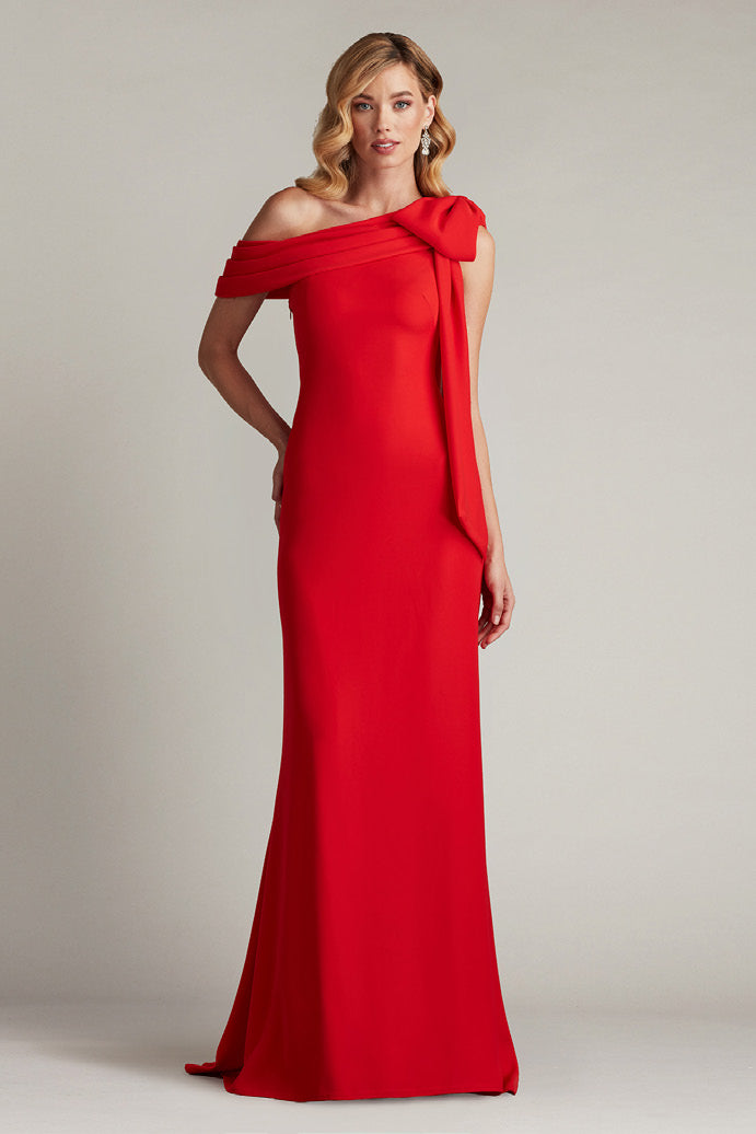 Crepe Gown with Shoulder Bow Sash
