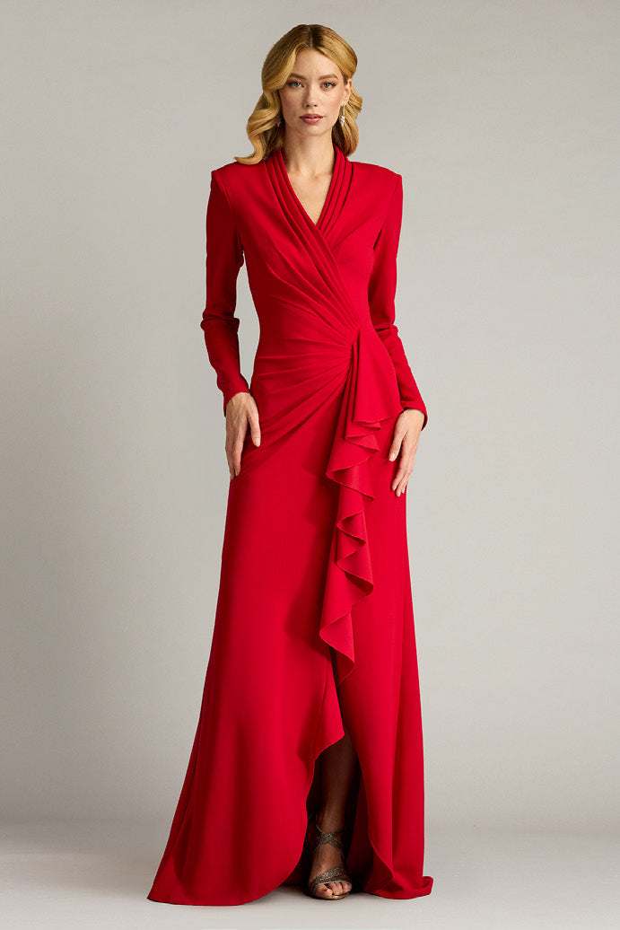 Textured Crepe V-Neck Long Sleeve Gown