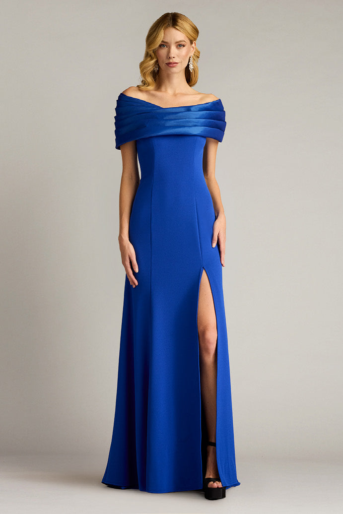 Textured Crepe and Taffeta Off the Shoulder Gown