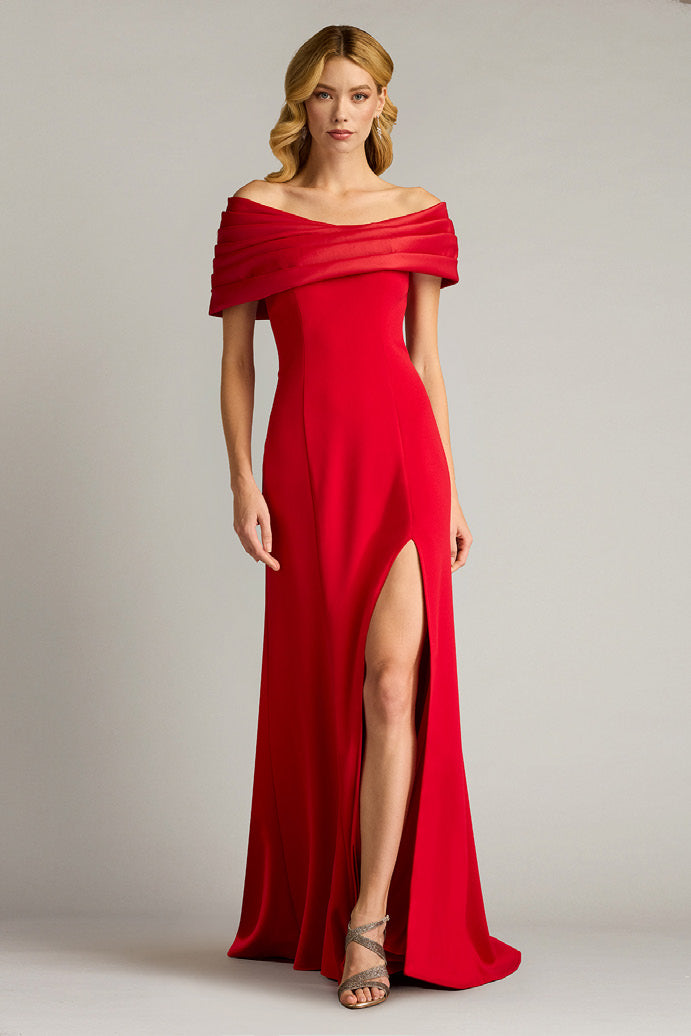Textured Crepe and Taffeta Off Shoulder Gown