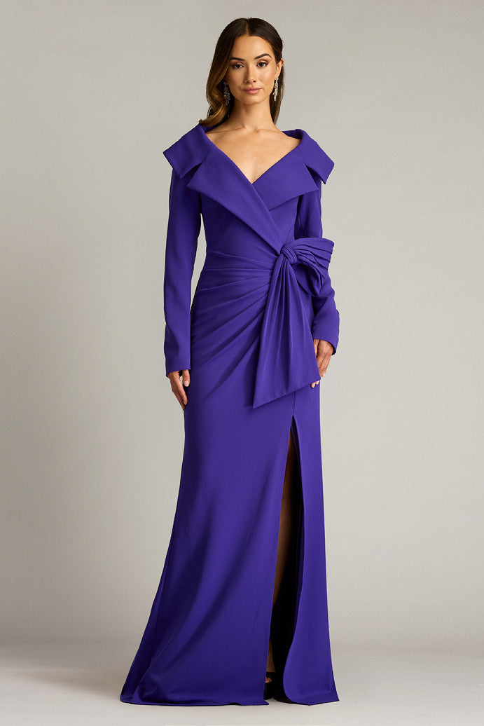 Textured Crepe Long Sleeve Gown