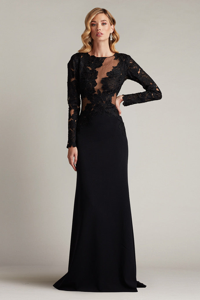 Textured Crepe Bloom Embroidered Long Sleeve Gown
