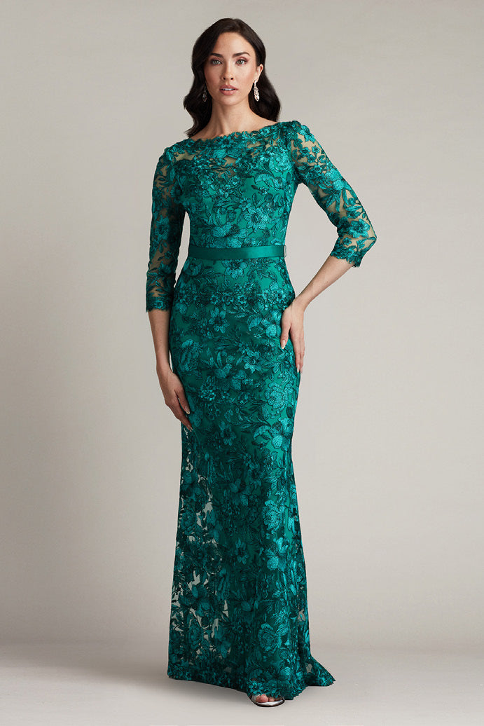 ? Sleeve Floral Embroidered Tulle Gown