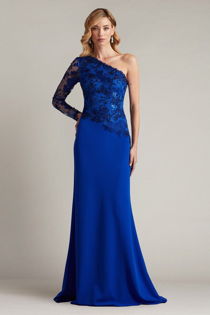 Textured Crepe and Tulle One Sleeve Gown
