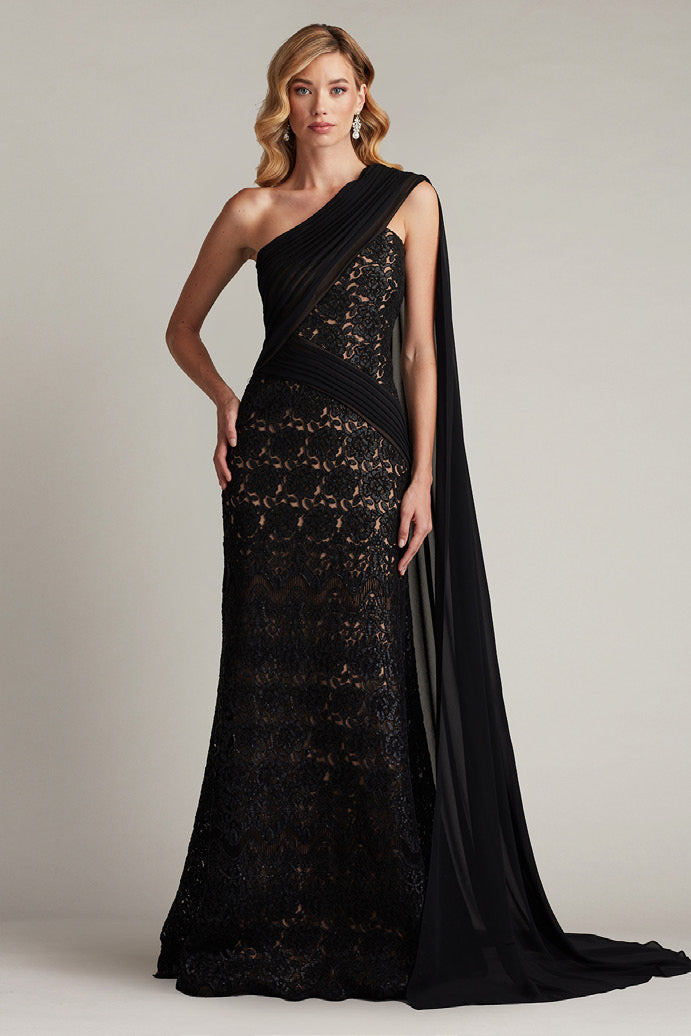 Paillette and Cord Embroidered Tulle Gown