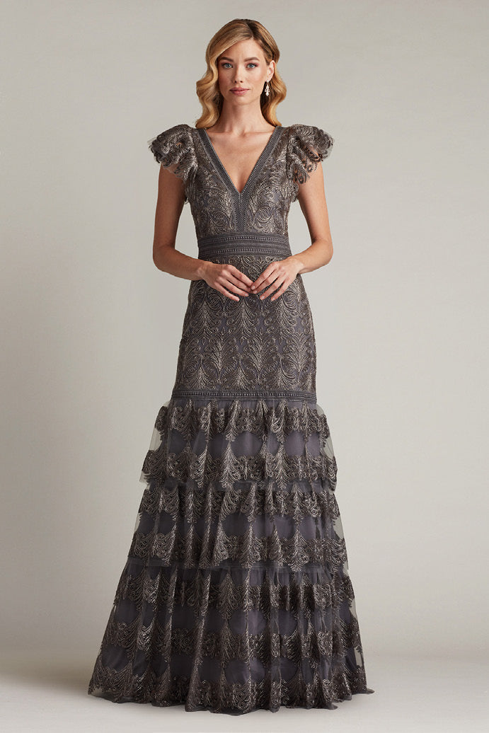 Metallic Corded -Embroidered Tulle Sleeveless Gown