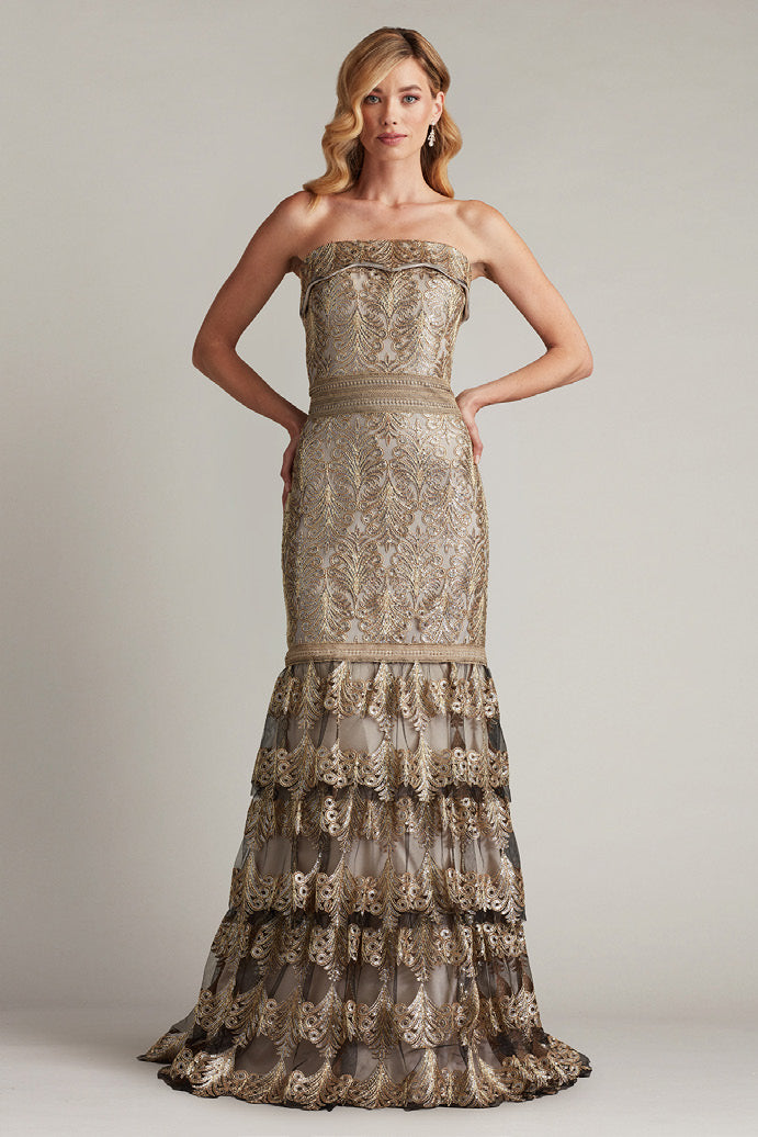 Metallic Corded Embroidered Tulle Strapless Gown