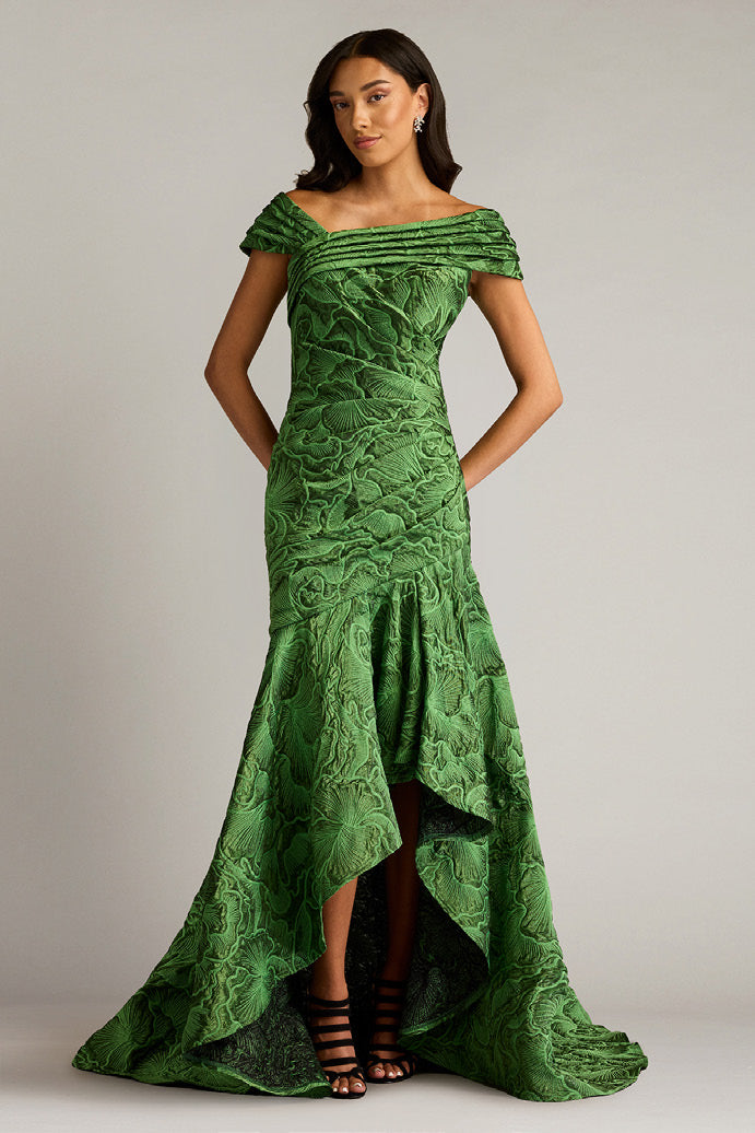 Textured Jacquard Cap Sleeve Gown