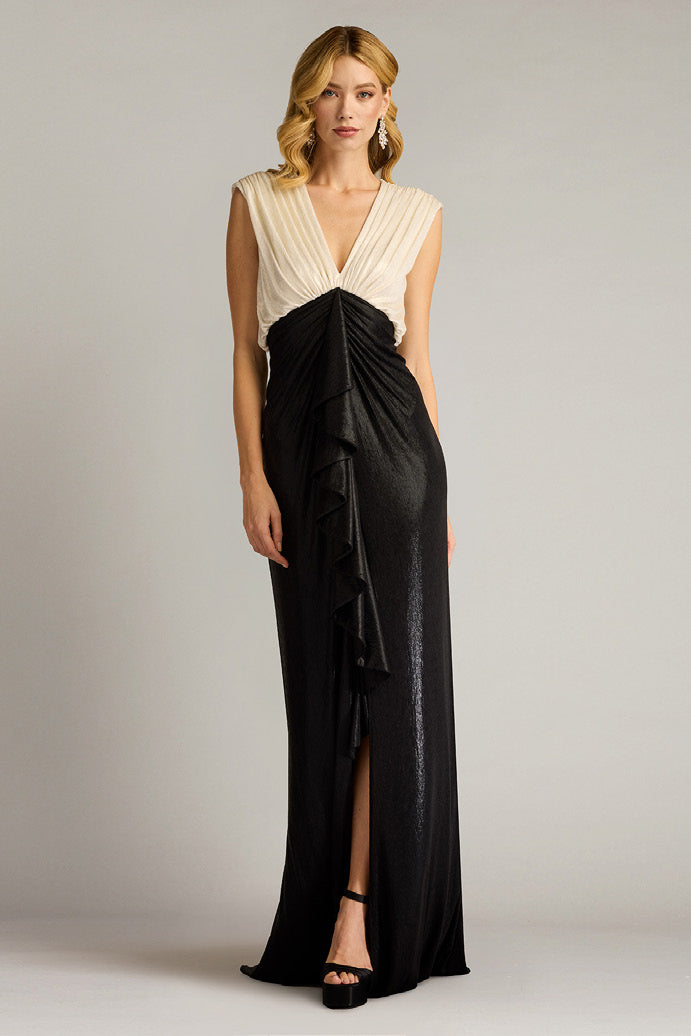 Metallic Jersey Sleeveless Contrast Gown