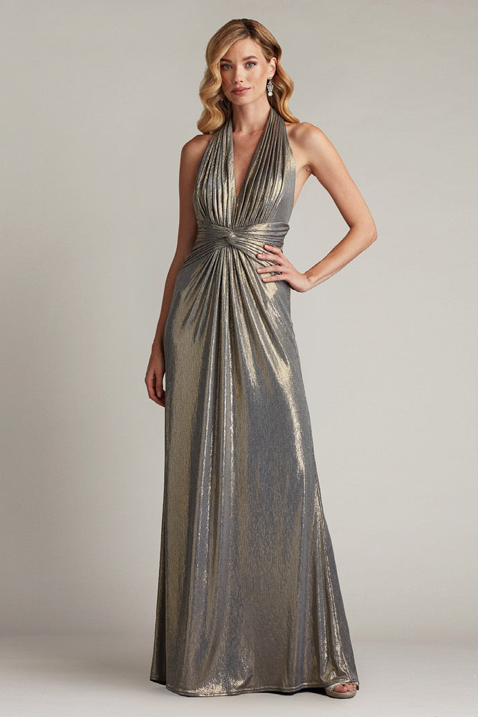 Metallic Jersey Halter Draped Gown