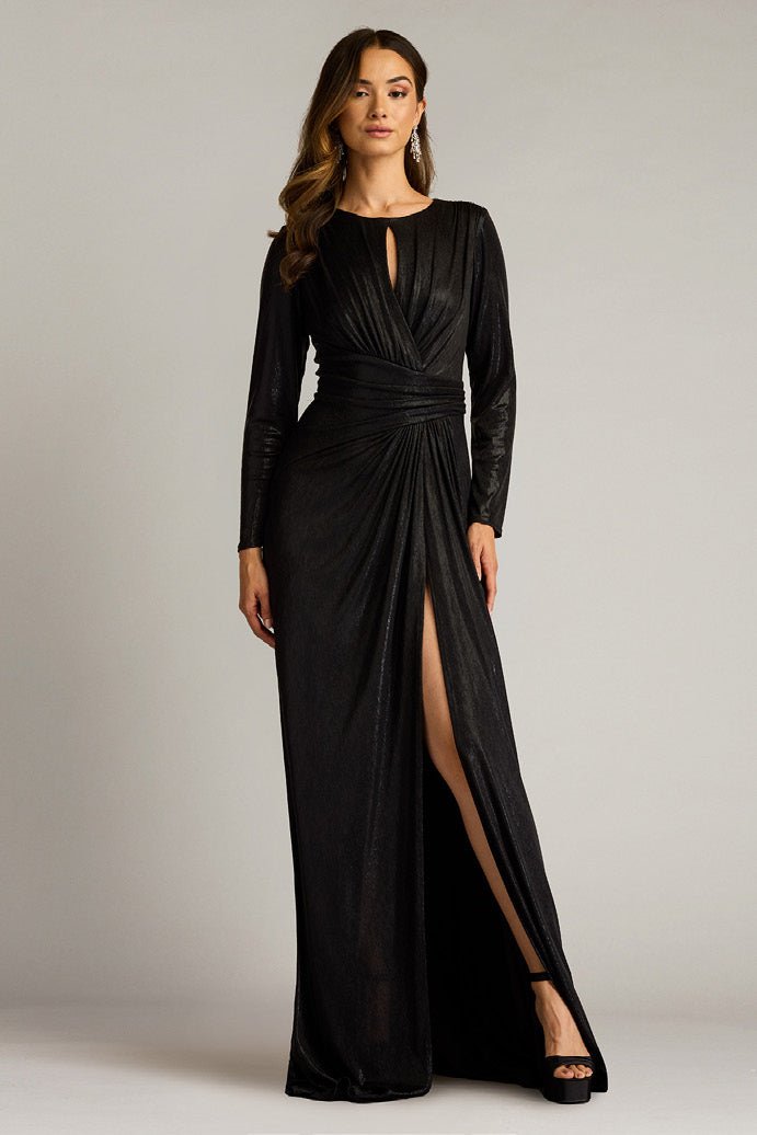 Metallic Jersey Long Sleeve Gown with Keyhole Detail