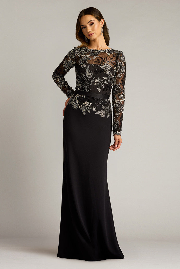 Textured Crepe Paillette Embroidered Gown