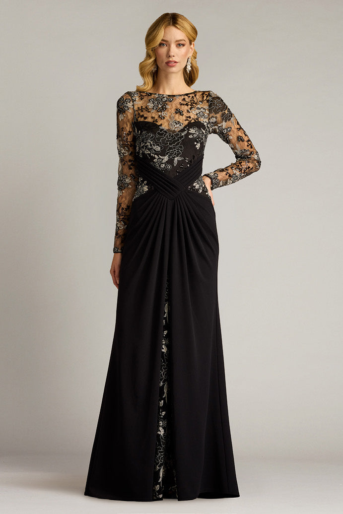 Textured Crepe Floral Paillette Embroidered Gown