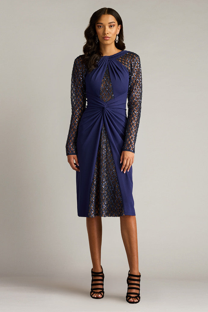 Textured Crepe Embroidered Tulle Dress