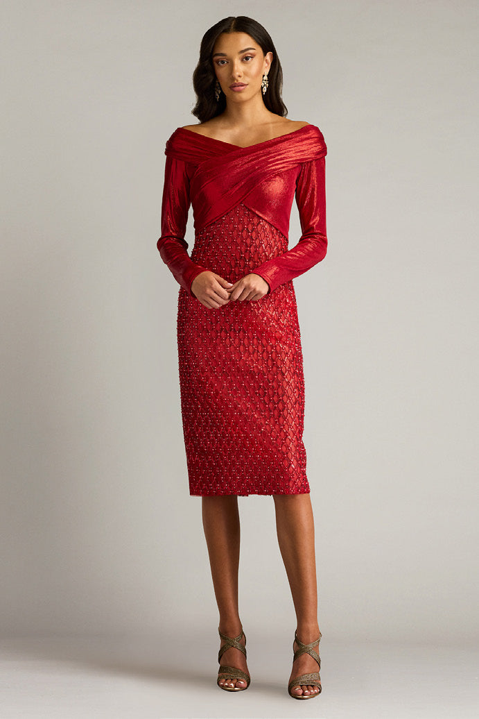 Metallic Jersey Embroidered Tulle Dress