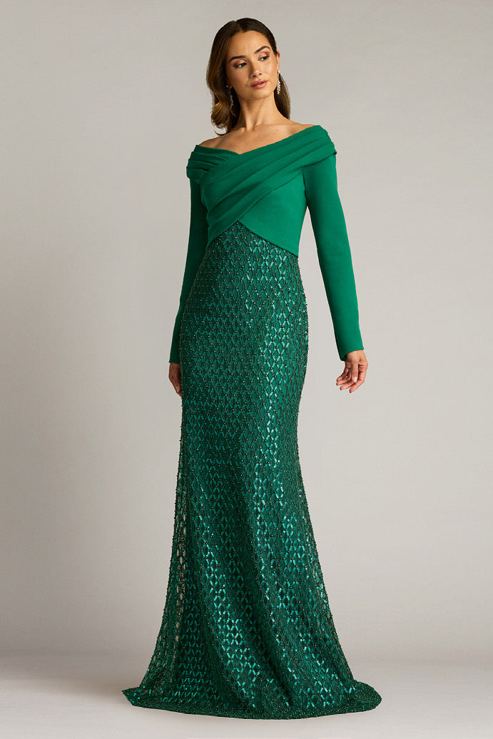 Textured Crepe Embroidered Tulle Gown