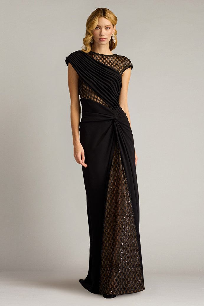 Textured Crepe Gown with Sheer Details