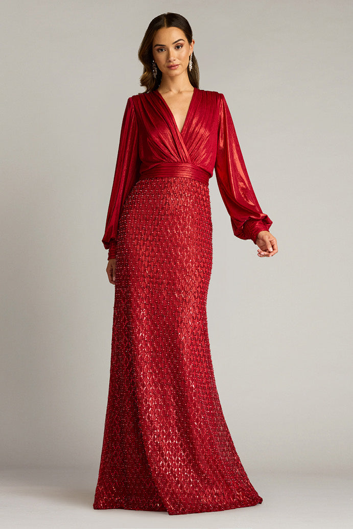 Metallic Jersey Embroidered Tulle Gown