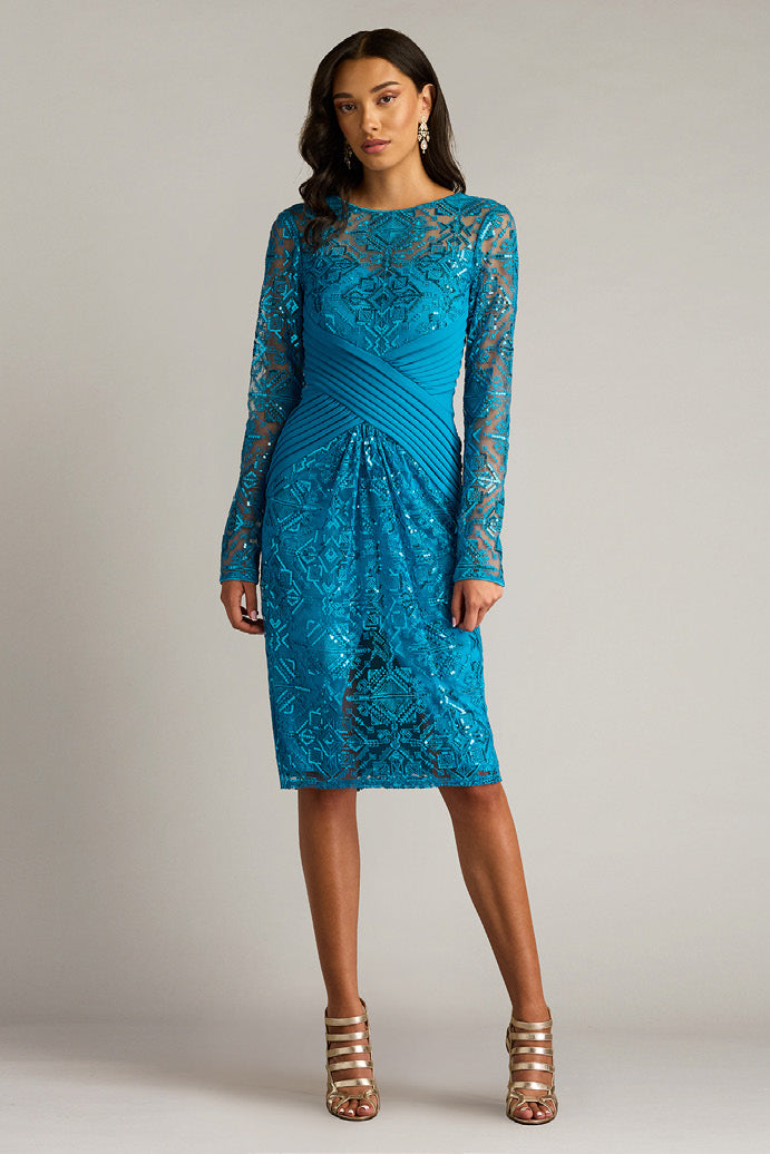 Textured Crepe Paillette Embroidered Tulle Dress