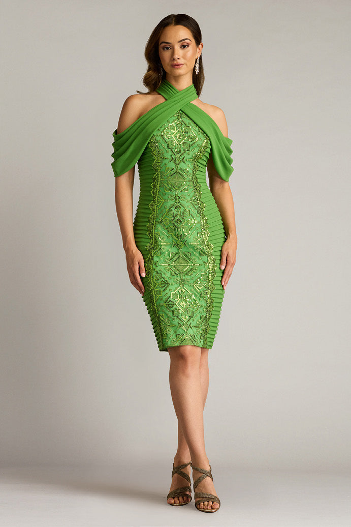 Textured Crepe Paillette Embroidered Dress