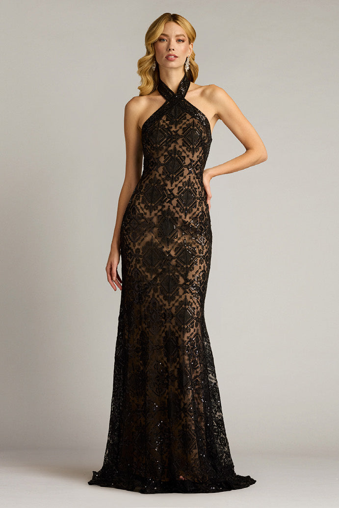 Paillette Embroidered Tulle Halter Gown
