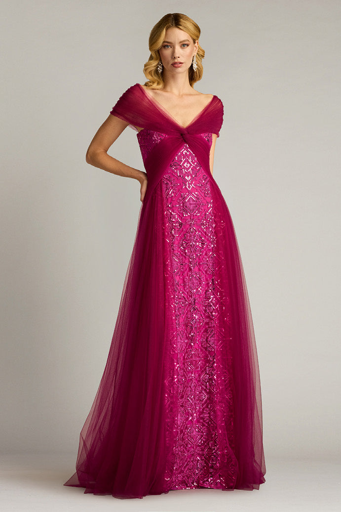 Paillette Embroidered Tulle Cap Sleeve Gown