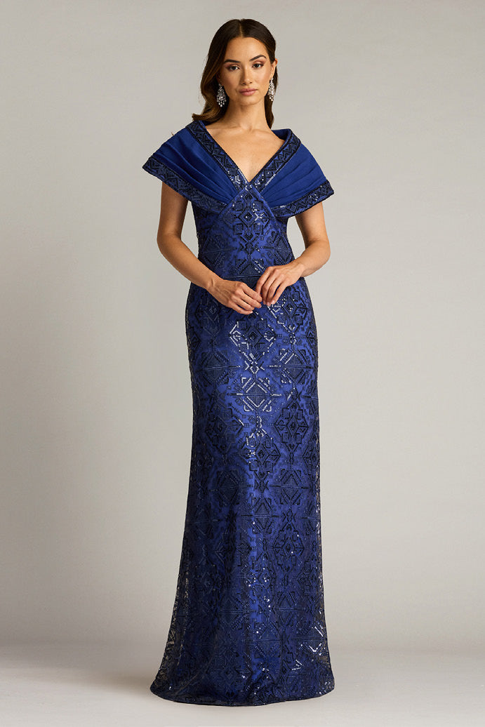 Paillette Gown with Textured Crepe Portrait Collar