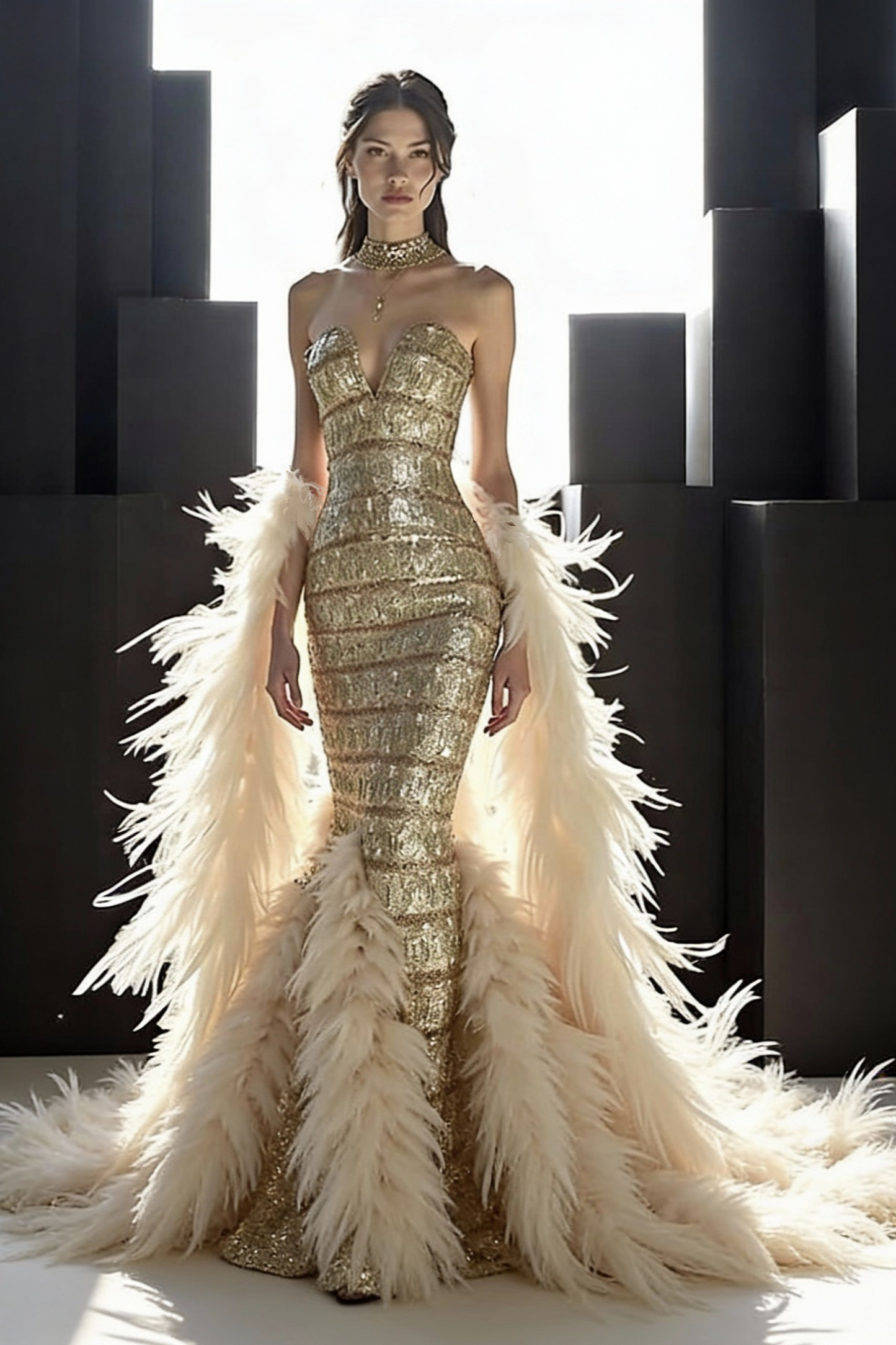 Strapless Notch Feather Gown
