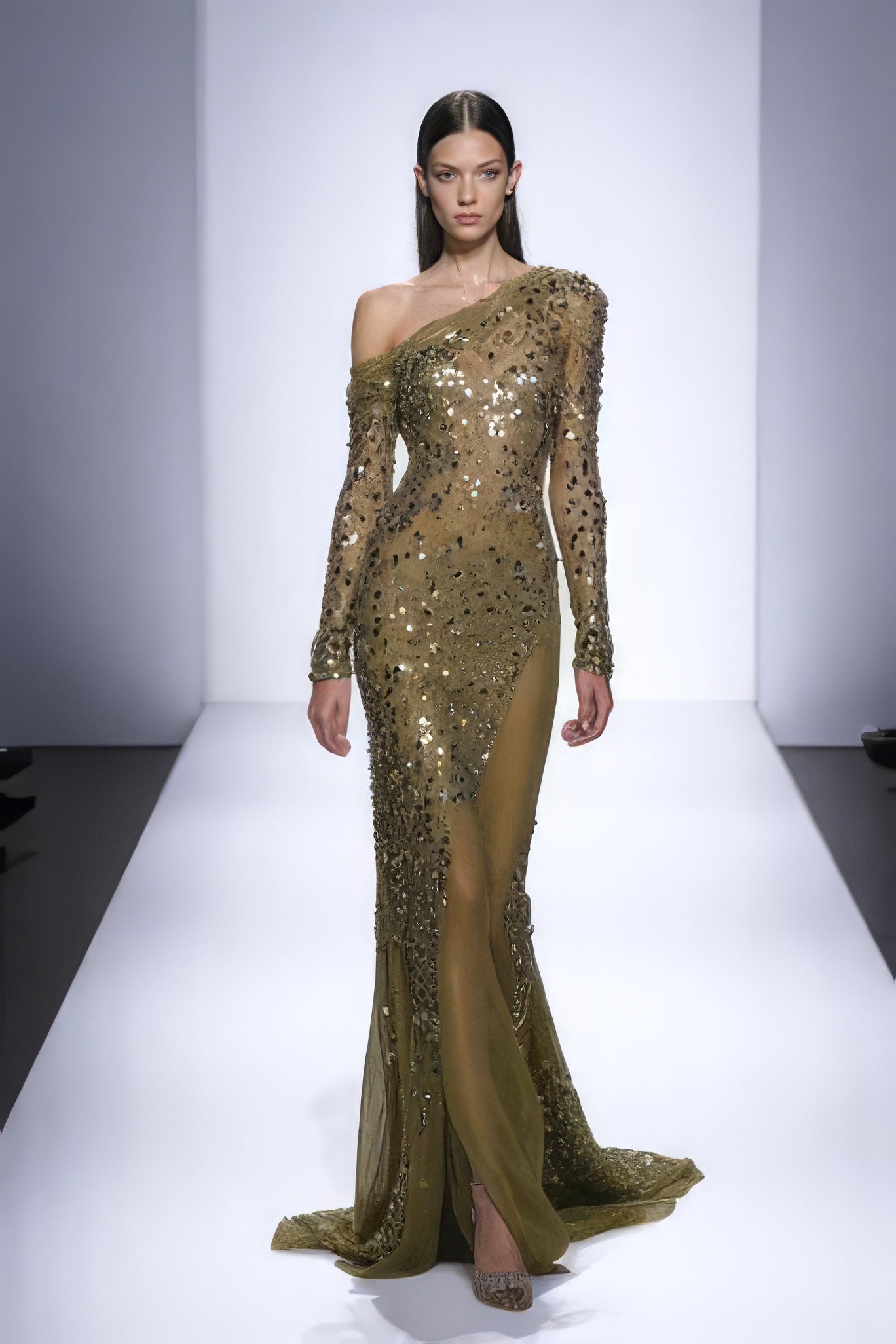 Sleeved One-Shoulder Gown