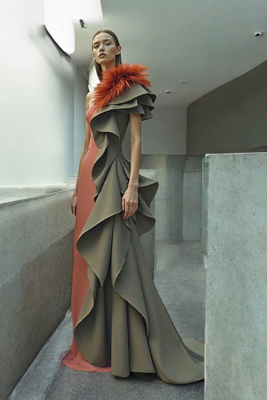 Ruffled Feathered Sleeve Gown