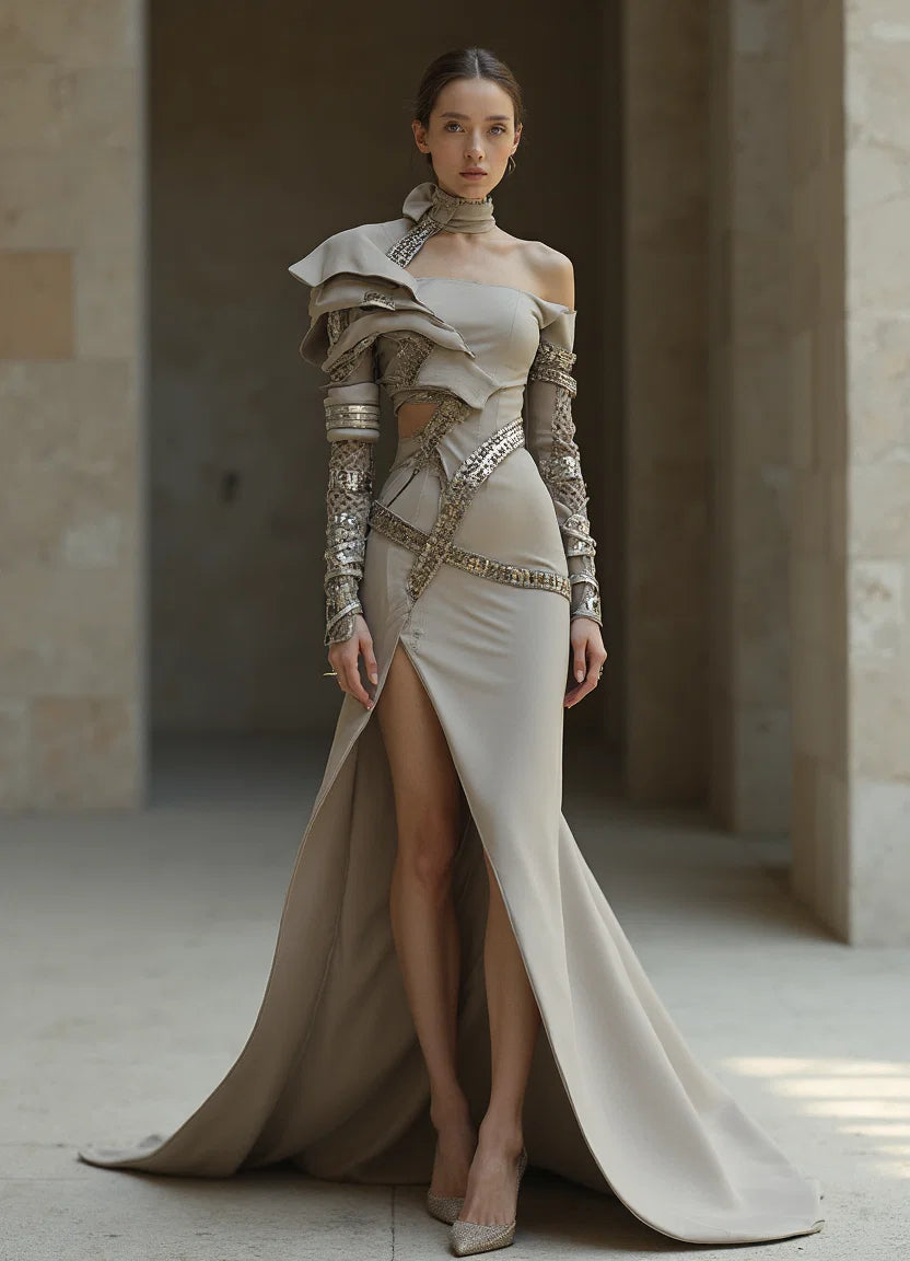 One-Shoulder Long Sleeve Slit Gown