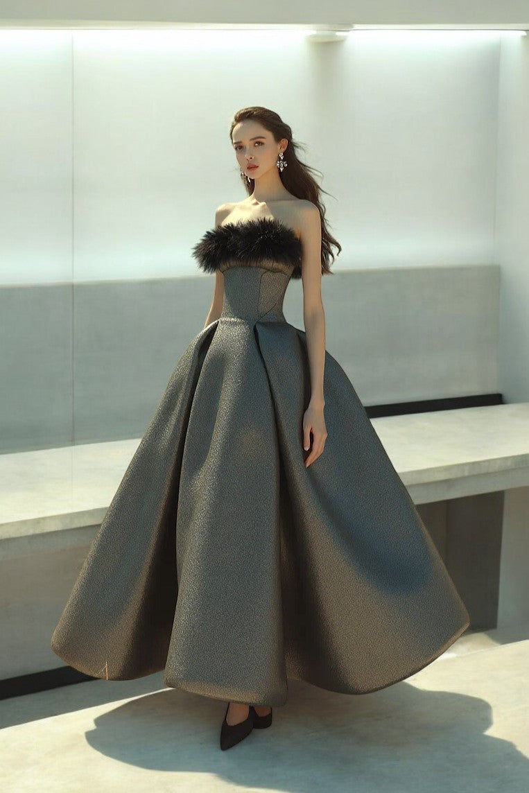 Feathered Strapless A-Line Gown