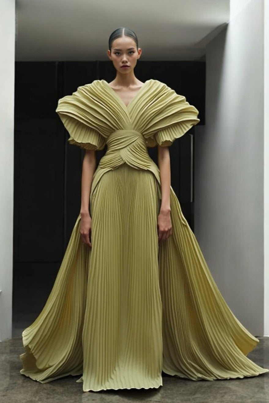 Fully Pleated Short-Sleeve Gown