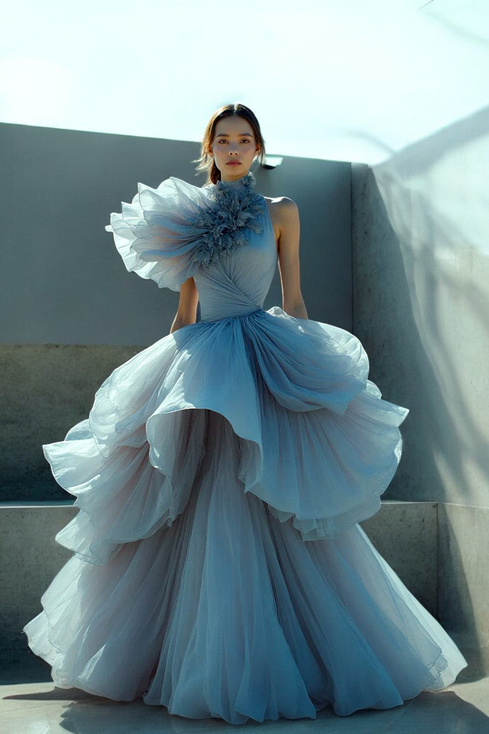 Sculpted Ruffled Neck Gown