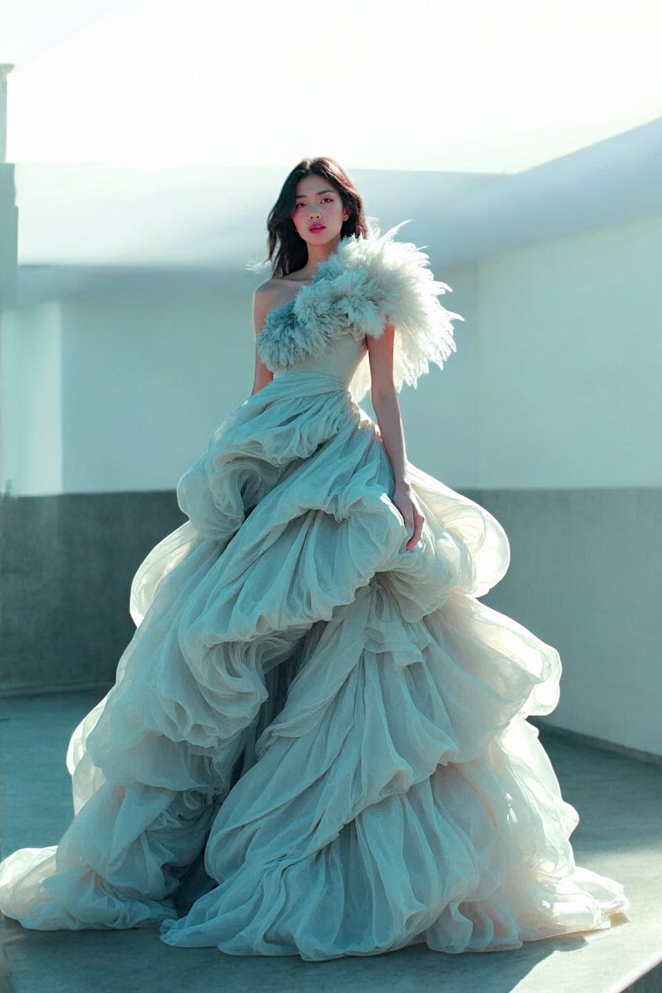 Feathered Shoulder A-Line Gown