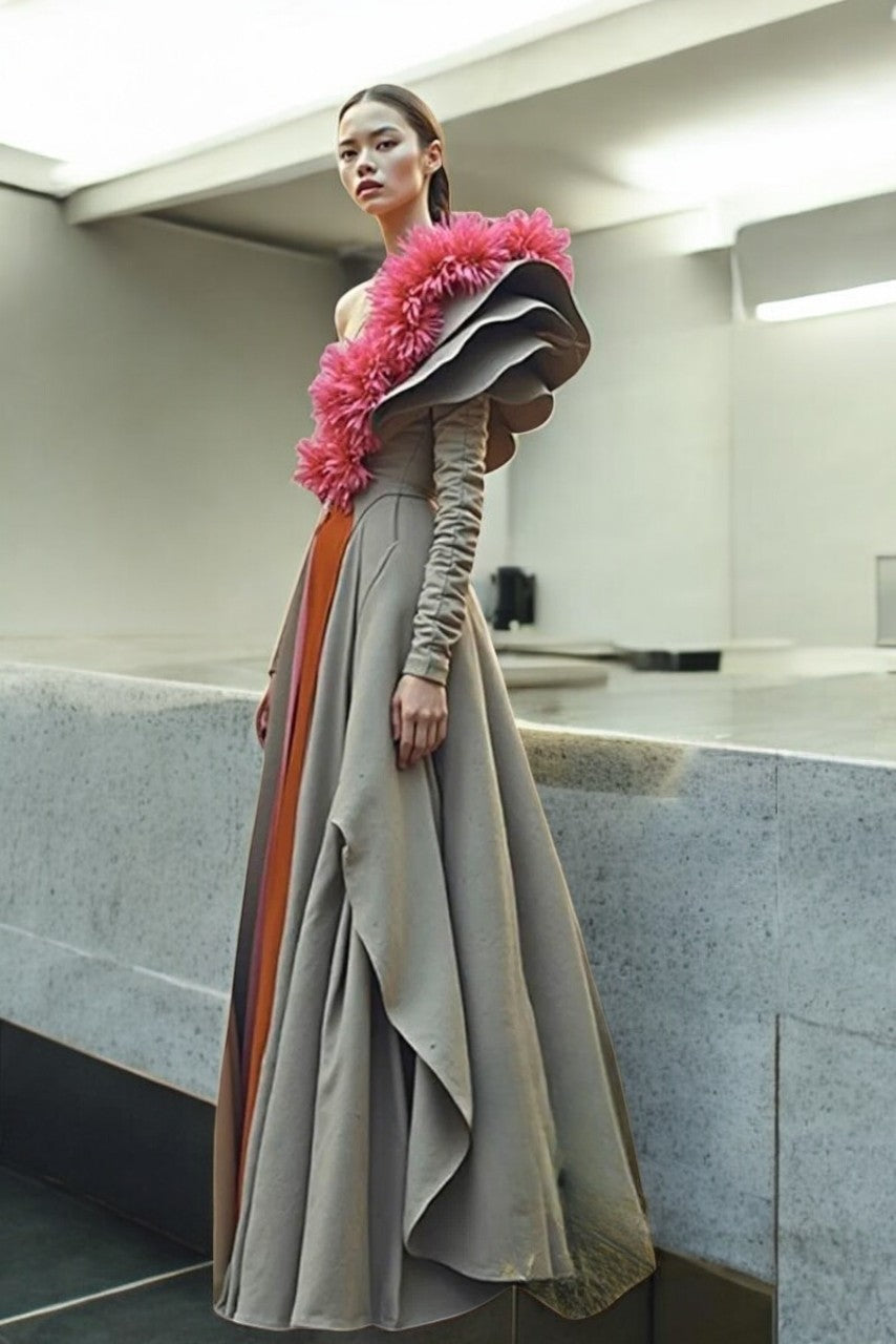 Feathered Ruffled Sleeved Gown