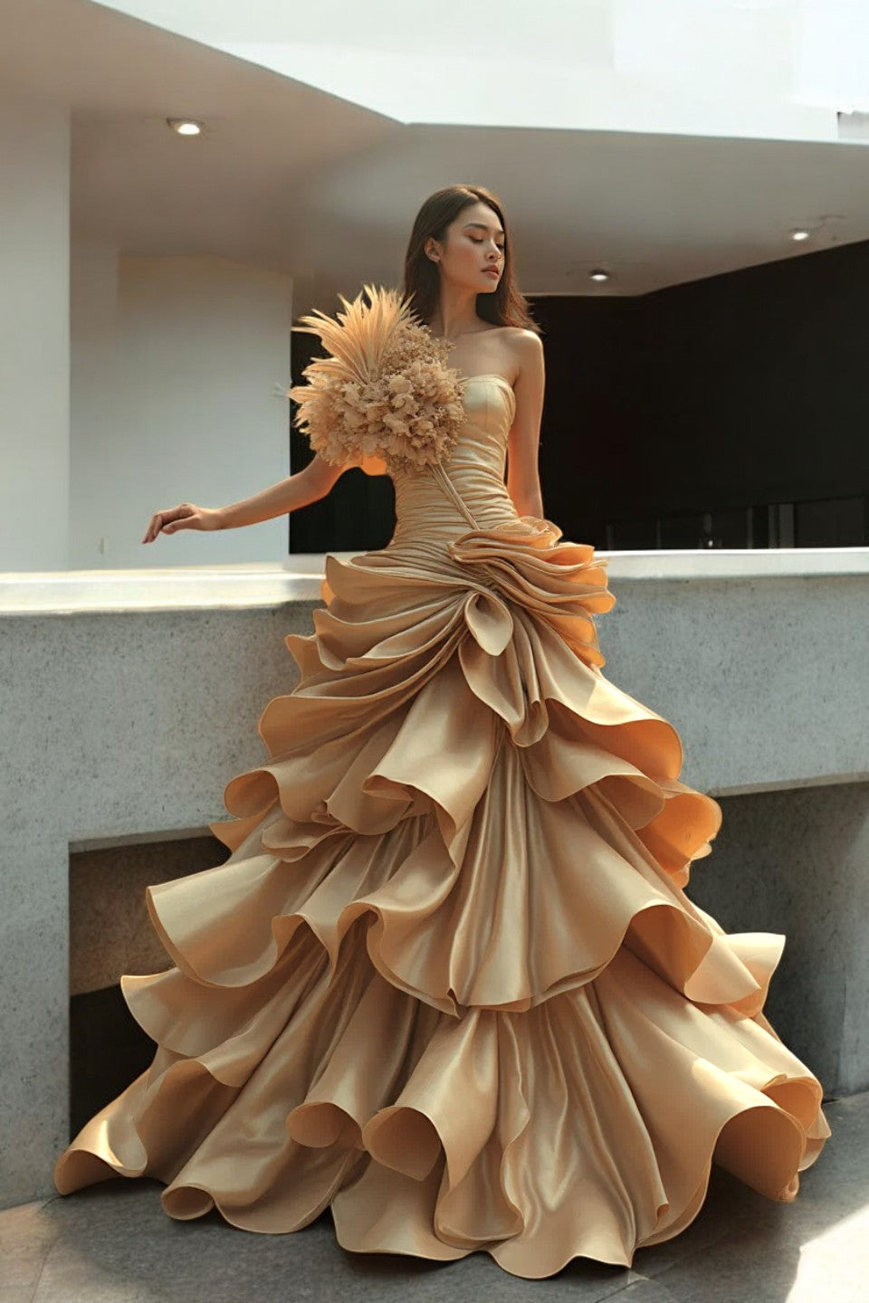 One Shoulder Golden Gown