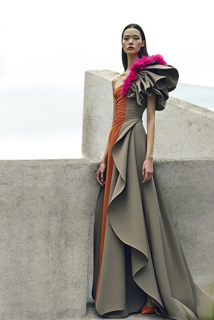 Feathered Ruffled Sleeve Gown