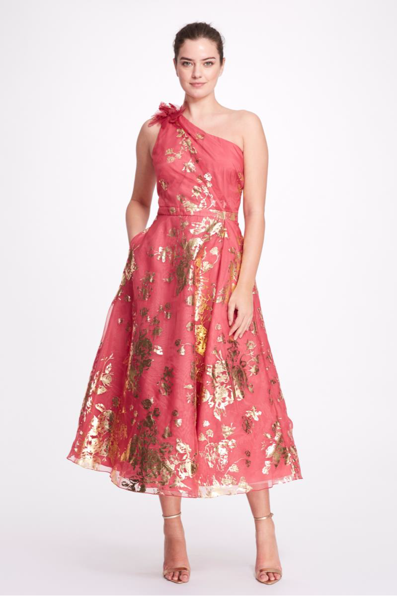 One Shoulder Foiled Organza Midi Dress