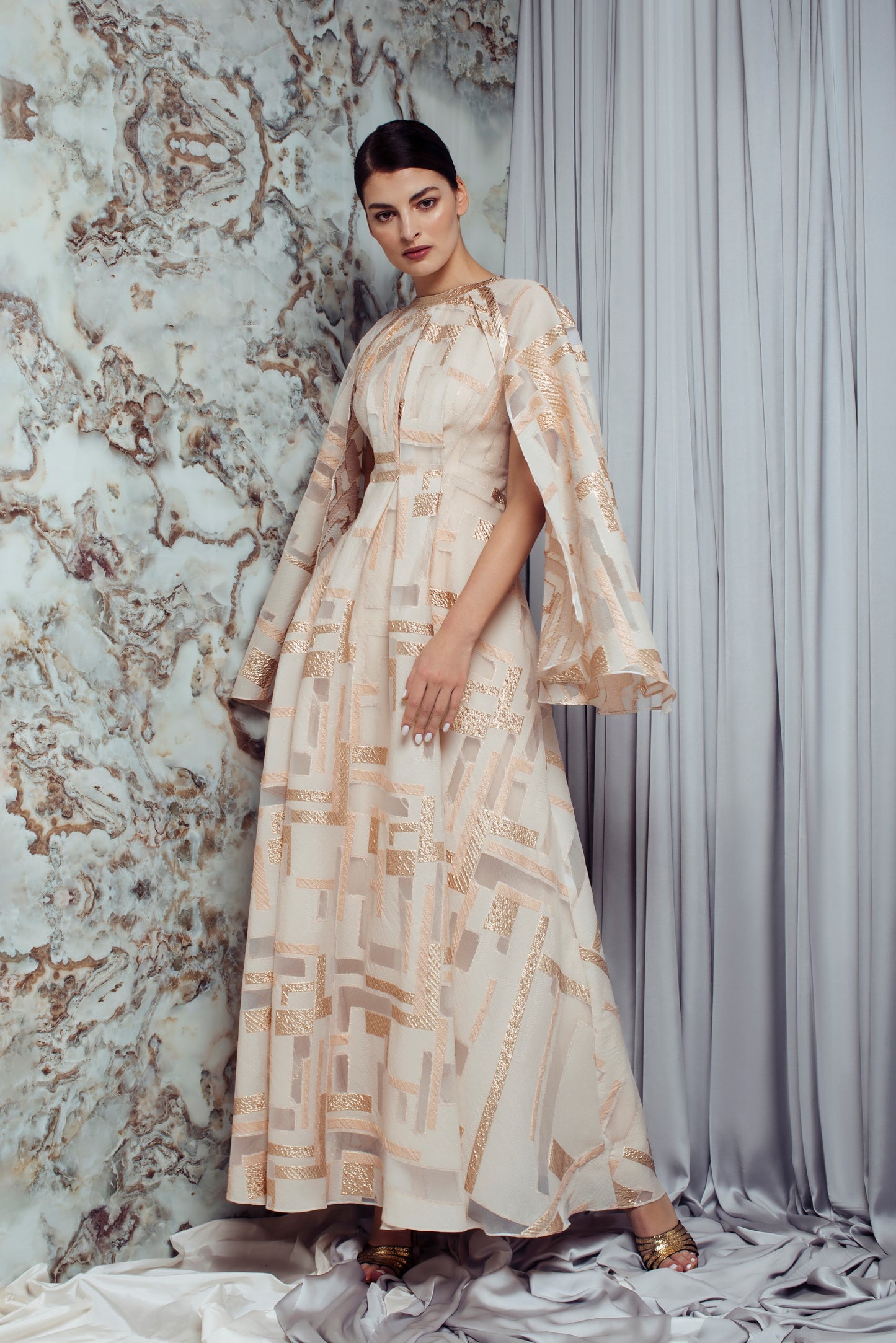 Nina Cape Sleeve Jacquard Gown