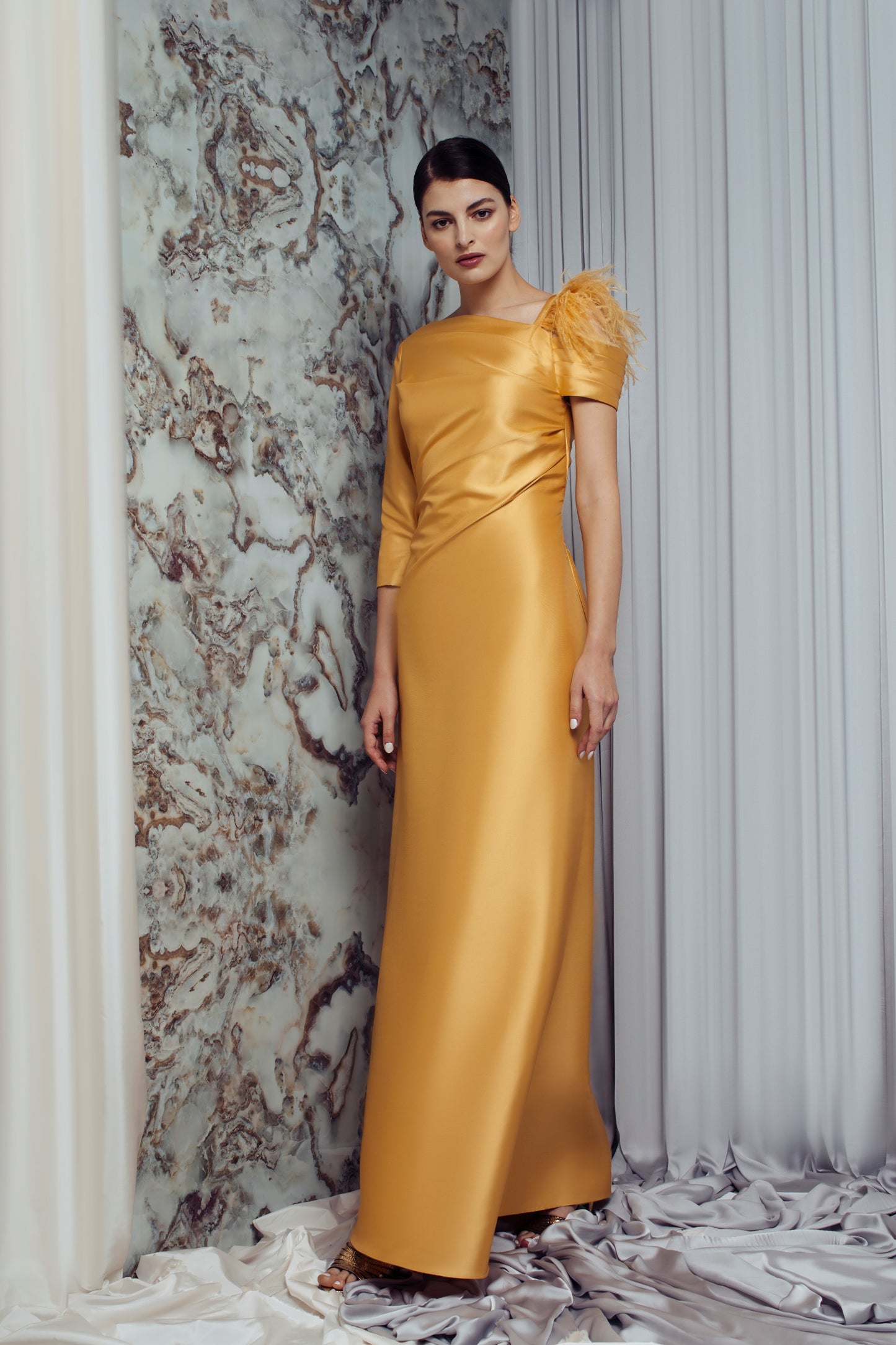 Rianna Draped Gown with Feathers